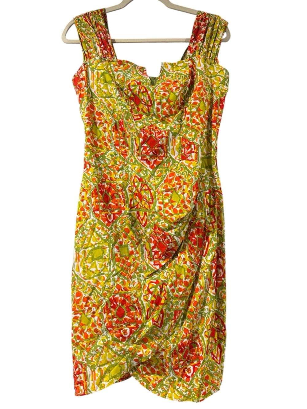 La Belle Vintage Retro Print Midi Dress Orange Green Draped Summer Dress size 7 - Picture 2 of 7